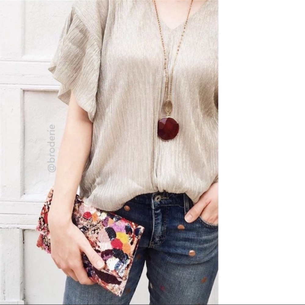 Vanessa+Virginia Blouse Puff Sleeve V Neck Champagne Metallic Womens Size XSmall - Picture 3 of 15